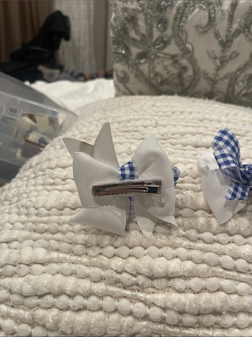 White and Blue Gingham Kids Hair Bow Clips - Pair
